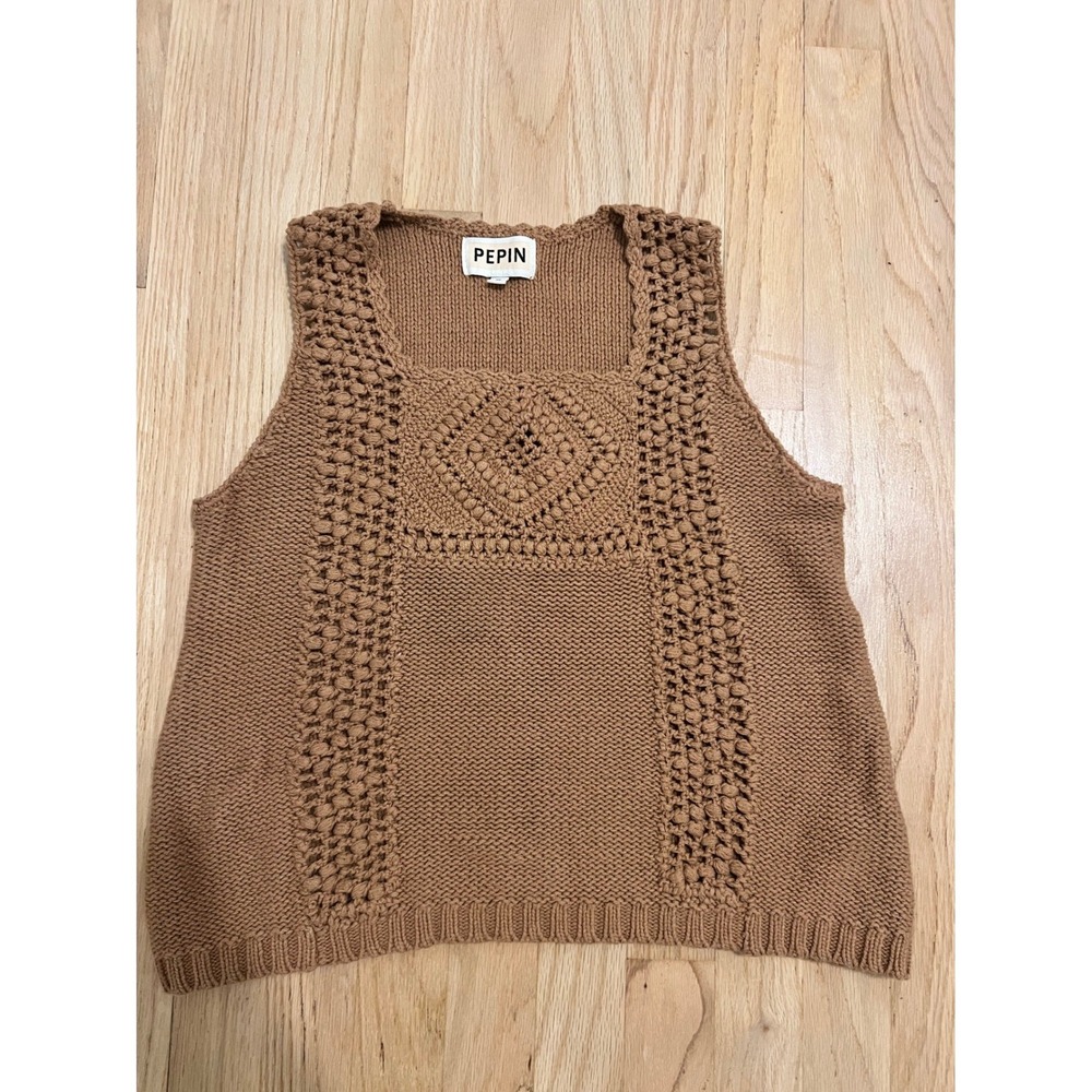 Pepin Womens Crochet Knit Sweater Vest Camel Brown Square Neck Size M Boho
